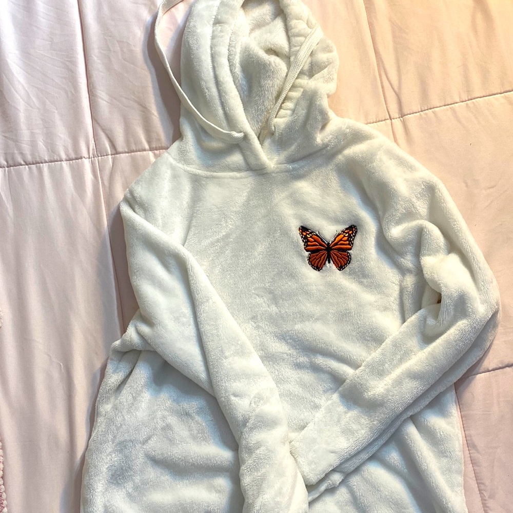 Women’s Firth Sun XS Fluffy white hoodie with butterfly embroidery
